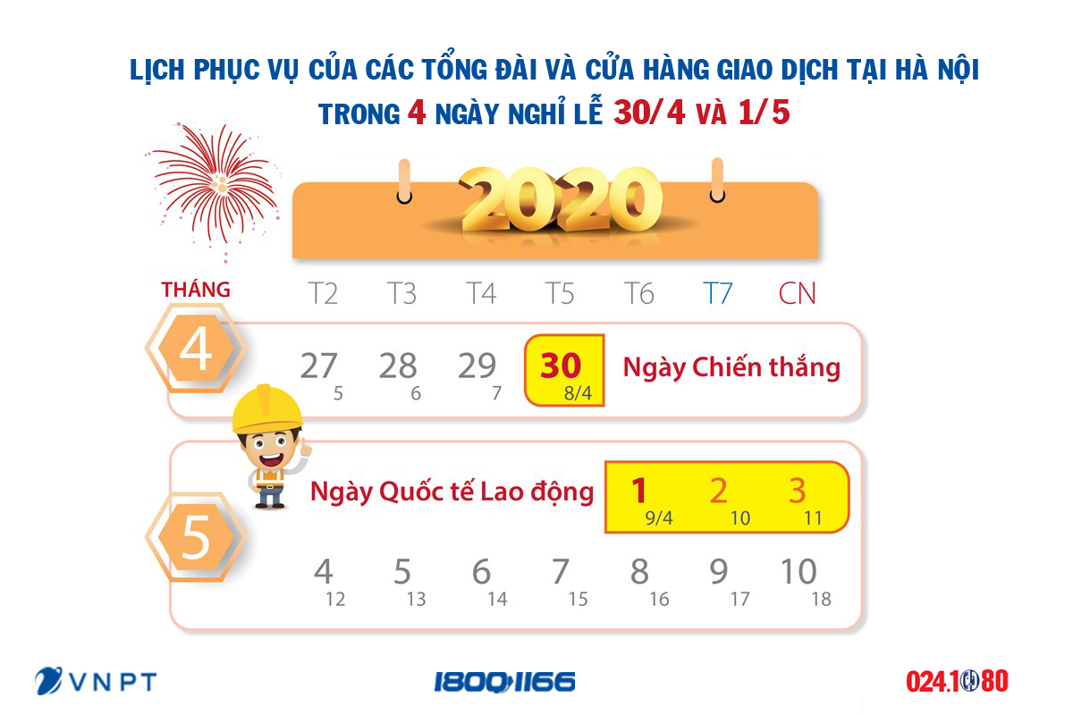 Lịch phục vụ trong kỳ nghỉ lễ 30/4 - 1/5 của các tổng đài và cửa hàng giao dịch tại Hà Nội