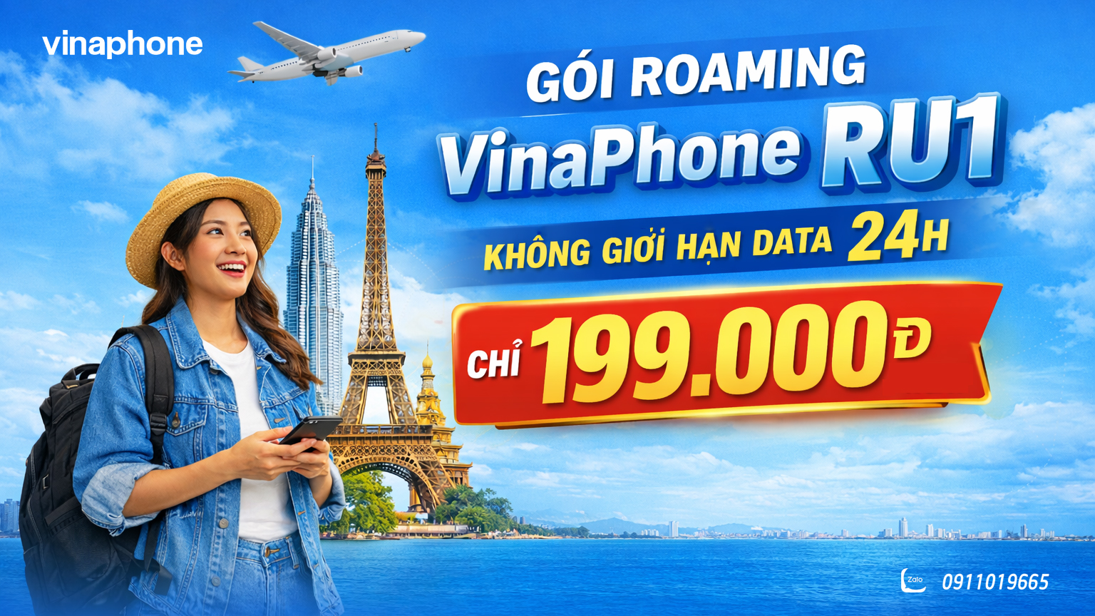 Gói RU1 VinaPhone Không giới hạn data roaming 24h chỉ 199.000đ